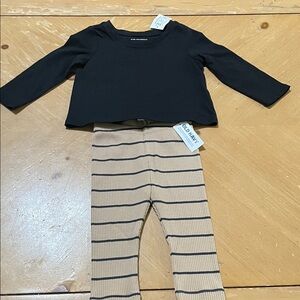 Children’s Place Black Top paired with Old Navy Beige Striped Leggings